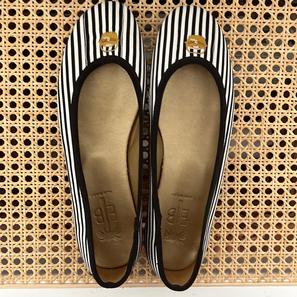 EB Size 10 Black & White Striped Ballet Flats with embroidered Nantucket Basket